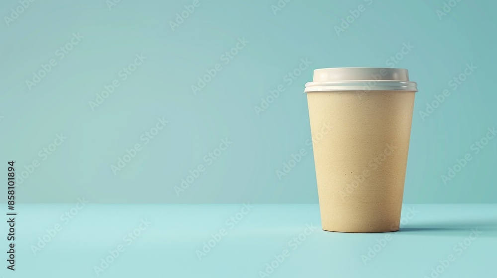 Hot coffee in a paper cup on a light blue background for social media promotion with space for branding and sales text Hot coffee in a paper cup on a light blue background for social media promotion with space for branding and sales text