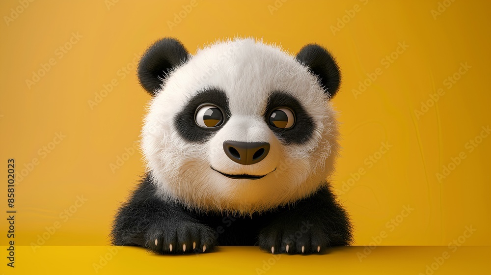 3D render of a cute panda with a round face and black-and-white fur against a yellow background. 3D render of a cute panda with a round face and black-and-white fur against a yellow background.