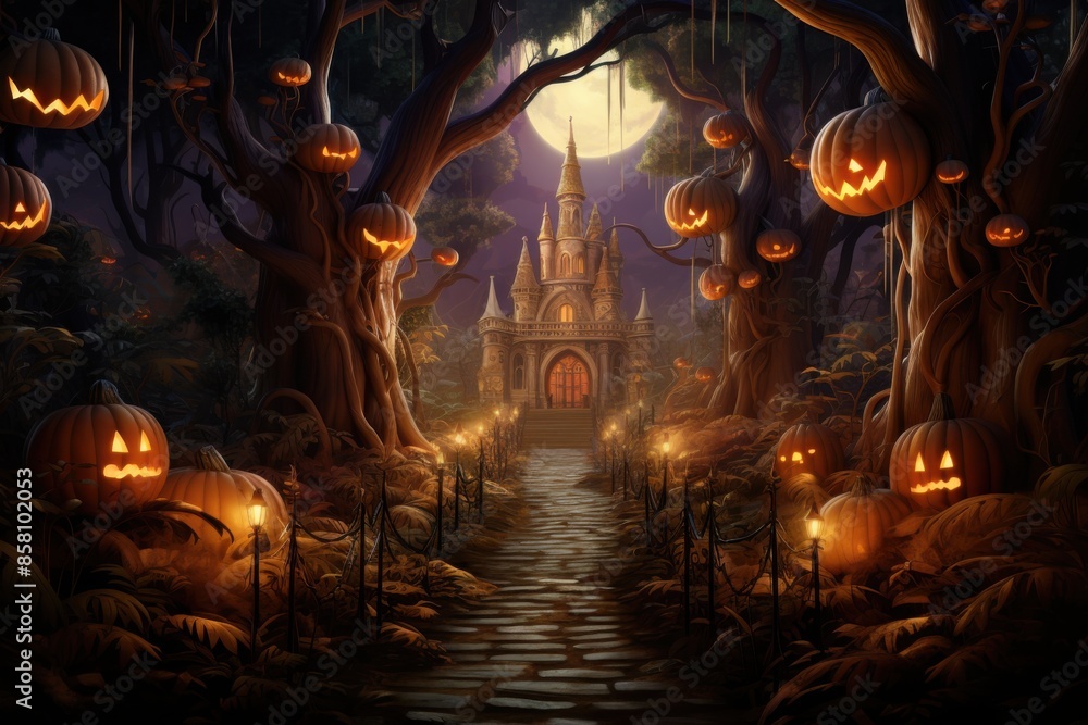 Mystical foggy forest with pumpkins and a castle in the moonlight Mystical foggy forest with pumpkins and a castle in the moonlight