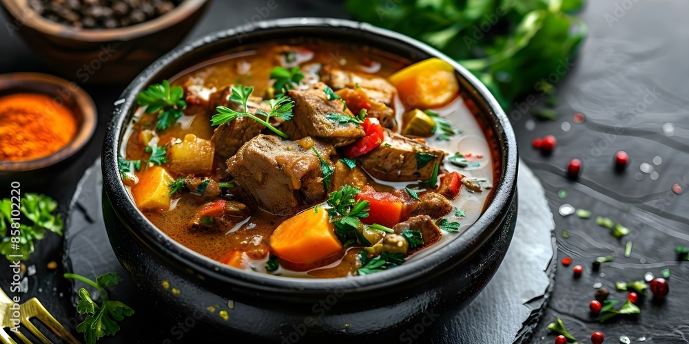 Slow-Cooked Namibian Stew A Rich and Flavorful Dish with Meat and Vegetables. Concept Namibian cuisine, Slow cooking, Stew recipe, Meat and vegetables, Flavorful dishes Slow-Cooked Namibian Stew A Rich and Flavorful Dish with Meat and Vegetables. Concept Namibian cuisine, Slow cooking, Stew recipe, Meat and vegetables, Flavorful dishes