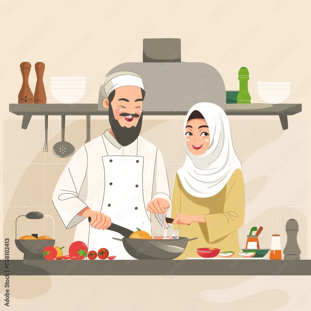 Smiling Muslim couple cooking together in the kitchen Smiling Muslim couple cooking together in the kitchen
