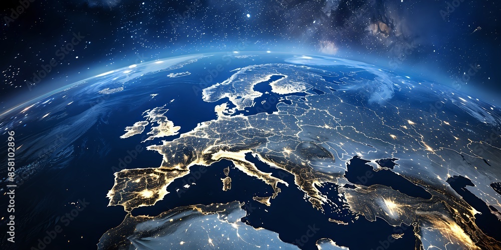 Fototapeta premium Night View of Earth from Space with Focus on Europe