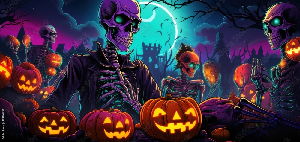 Skeletons with pumpkins in a spooky forest at night. Skeletons with pumpkins in a spooky forest at night.