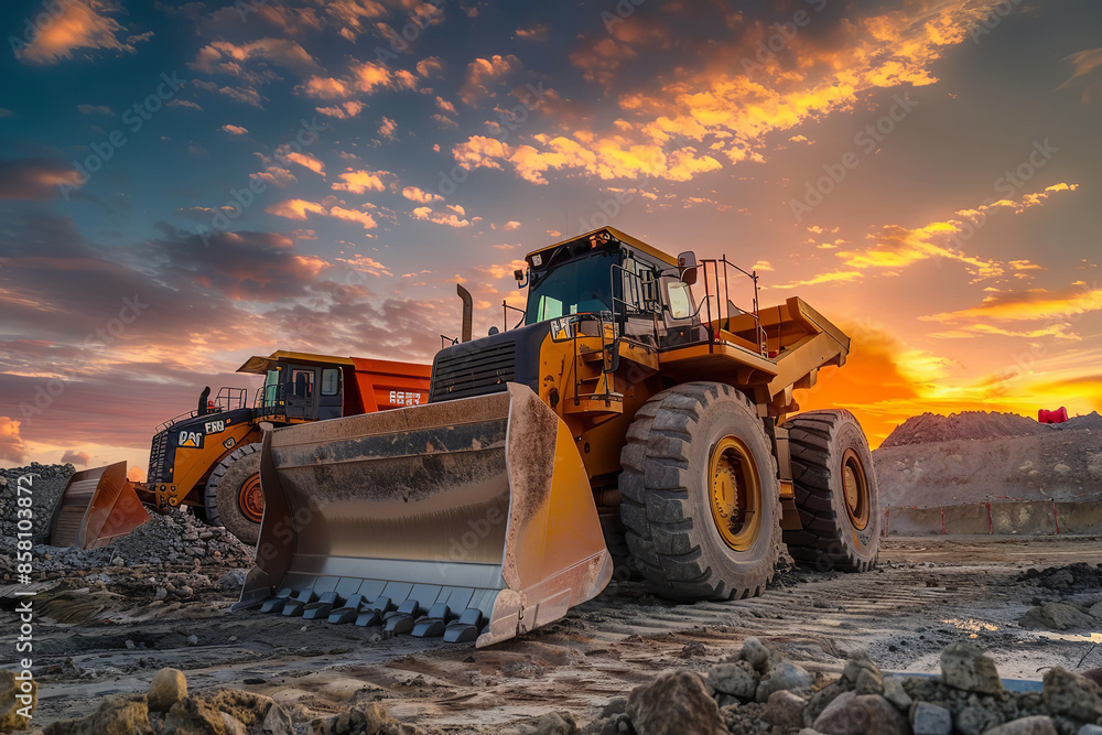 Construction Machinery at Charging Dock During Dusk Construction Machinery at Charging Dock During Dusk