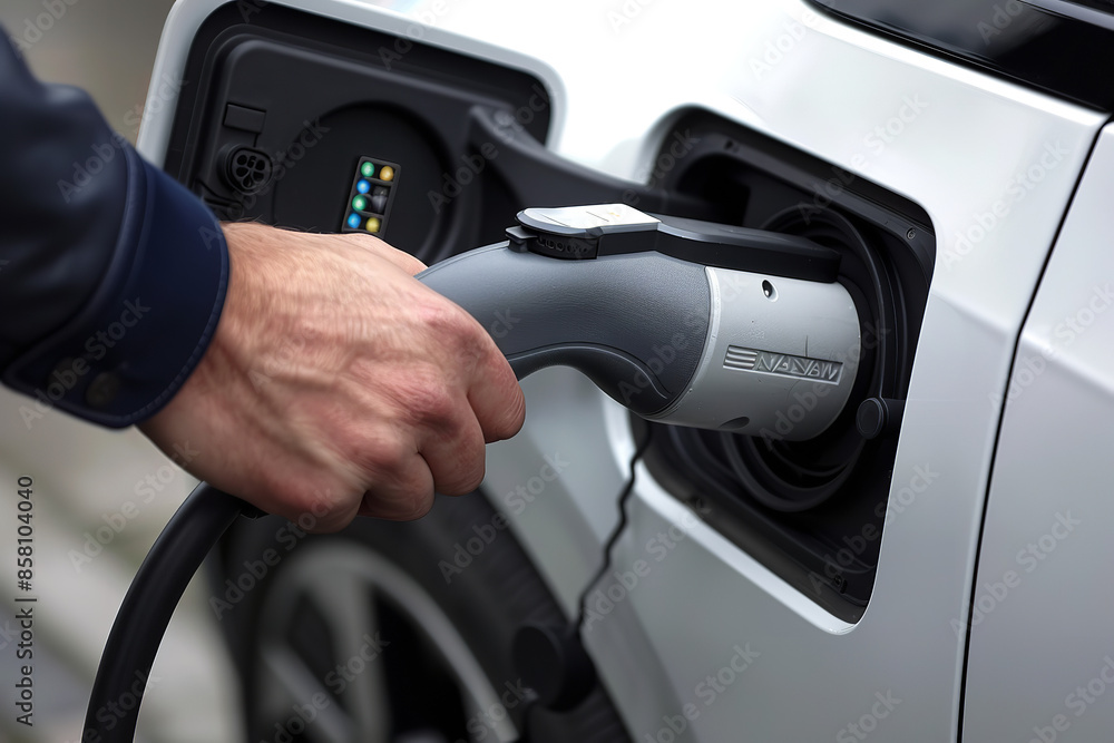 Fototapeta premium Electric Vehicle Charger Connection Close-Up, Sustainable Energy Concept