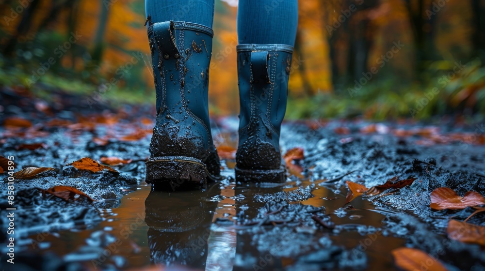 This image captures a person wearing blue boots standing in a muddy puddle surrounded by fallen autumn leaves, depicting a scene of adventure and resilience in nature. This image captures a person wearing blue boots standing in a muddy puddle surrounded by fallen autumn leaves, depicting a scene of adventure and resilience in nature.