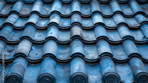 This image captures an up-close view of blue ceramic roof tiles, showcasing their intricate texture and repetitive pattern, exemplary of traditional roofing designs.