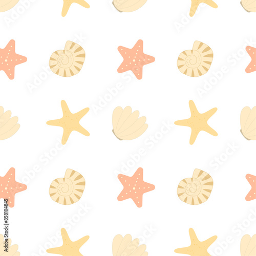 Seamless pattern with starfish and seashells. Marine flora and fauna, underwater life. Vector flat background. Perfect for wrapping, fabric and textile. 