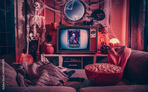 A classic horror movie marathon setup with a vintage TV, popcorn, and Halloween decorations, Halloween photo