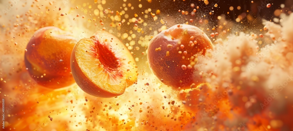 Dynamic fruit explosion: vivid peach slices on a fuzzy background Dynamic fruit explosion: vivid peach slices on a fuzzy background