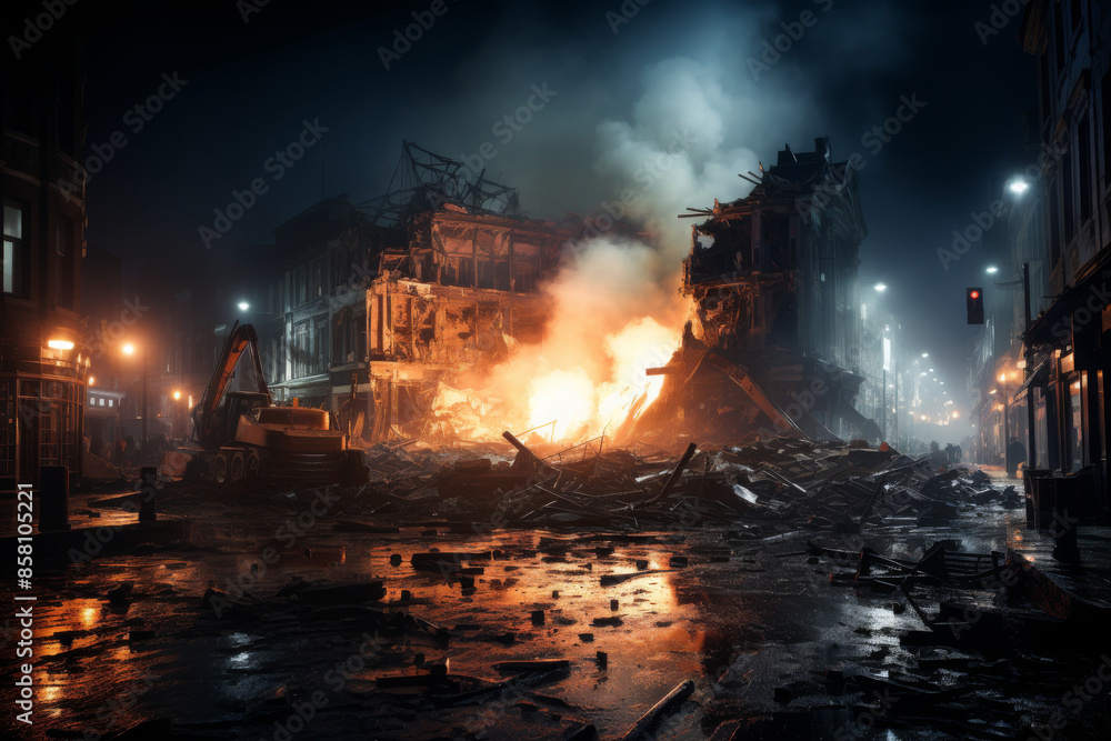 Destroyed building on fire in the city at night Destroyed building on fire in the city at night