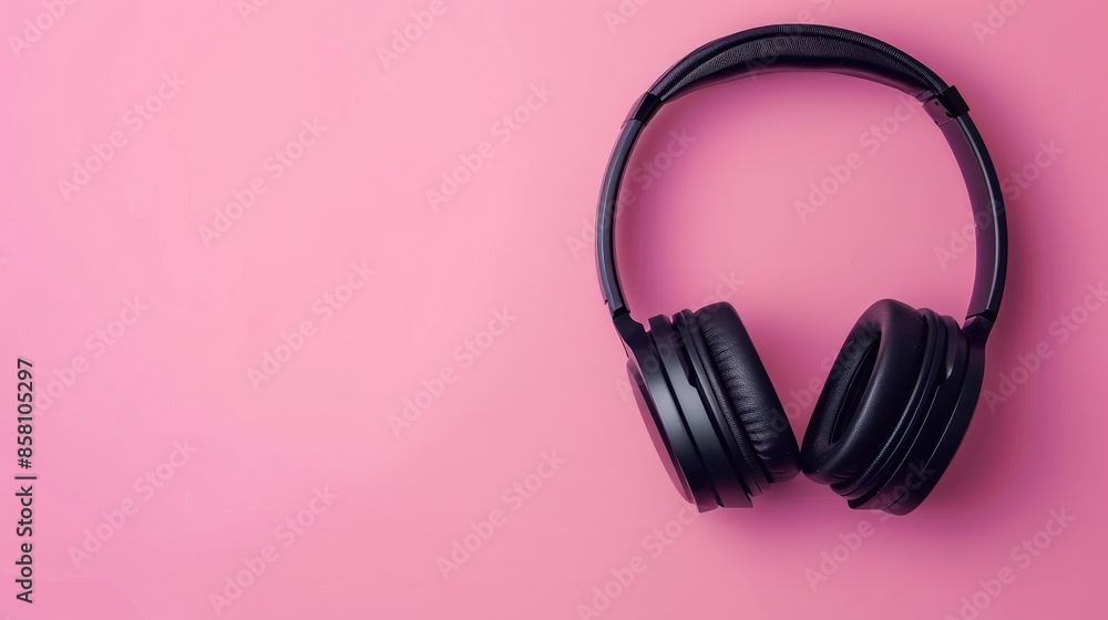 Black wireless headphones on pink background with text space Black wireless headphones on pink background with text space