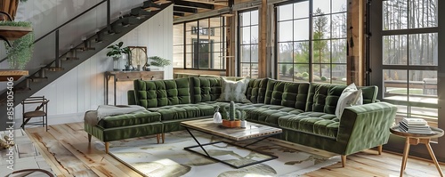 Modern farmhouse living room featuring a velvet forest green sofa, barn wood staircase, and rustic plank flooring. Large bright windows, cozy decor, and natural finishes.