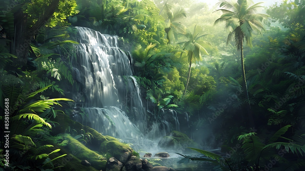 Waterfall deep down in the green tropical rainforest Waterfall deep down in the green tropical rainforest