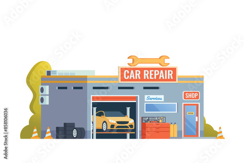 Vector detailed auto garage building flat design illustration	
