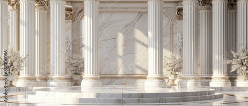 Ancient greek architecture with pillars and white flower photo