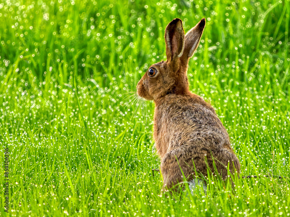 European hare (Lepus europaeus) sitting in grassland, UK. European hare (Lepus europaeus) sitting in grassland, UK.
