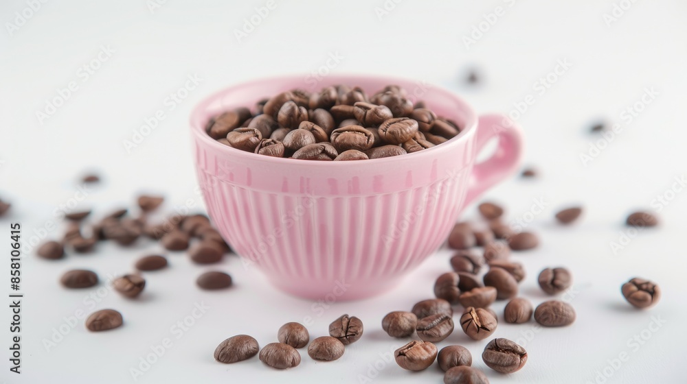 Coffee beans roasted in a pink cup on white backdrop with selective focus Coffee beans roasted in a pink cup on white backdrop with selective focus
