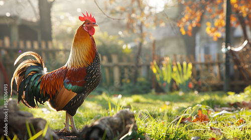 Beautiful feather colors of a chicken rooster standing on a log in the lawn.
