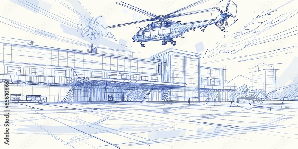 Helicopter Sketch on City Helipad Helicopter Sketch on City Helipad