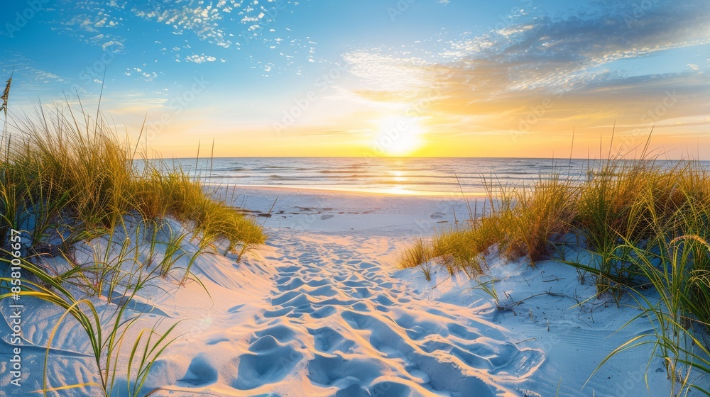 custom made wallpaper toronto digitalSeaside Sunset: Sand, Grass, and Ocean Waves against a blurry background of beach and sky