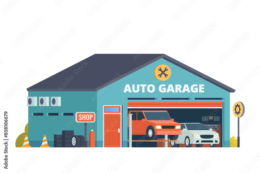 Vector detailed auto garage building flat design illustration
Vector detailed auto garage building flat design illustration