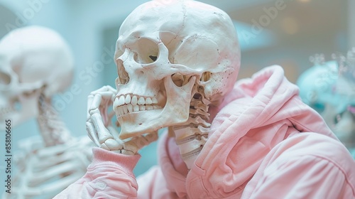 This image features a skeleton wearing a pink hoodie in a thinking pose, invoking a sense of contemplation and merging fashion with skeletal art representing human introspection.