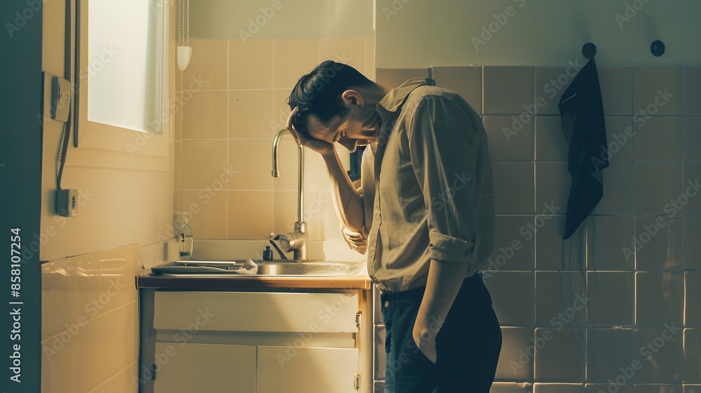 Stressed man in kitchen, feeling unwell, holding his head in a moment of discomfort. Stressed man in kitchen, feeling unwell, holding his head in a moment of discomfort.
