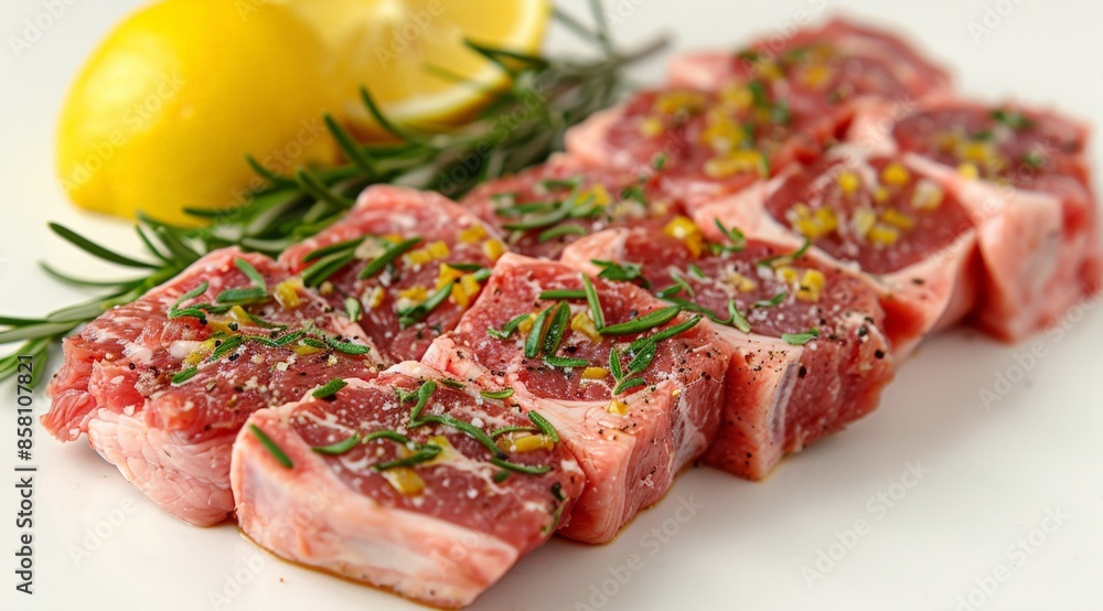 Raw pork, cooked, decorated, vegetables, tomatoes, lemons, etc. arranged cut into bone-in pieces on a white plate. Raw pork, cooked, decorated, vegetables, tomatoes, lemons, etc. arranged cut into bone-in pieces on a white plate.