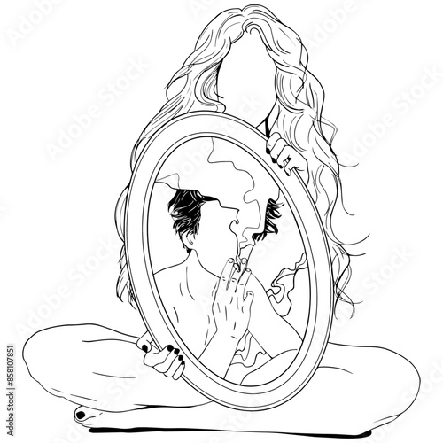 Illustration of a woman holding round shape mirror that reflect a man smoking, illusion absence loneliness concept