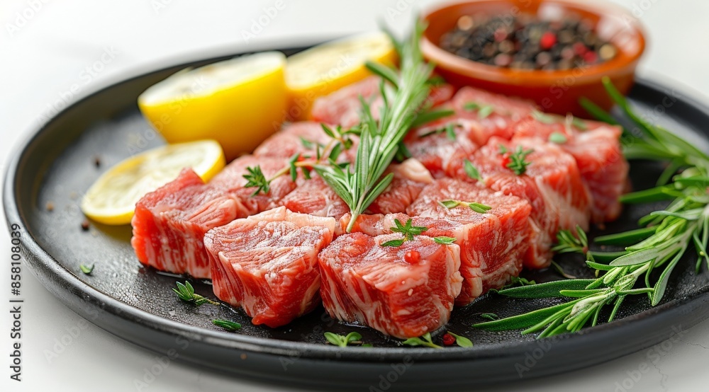 Raw pork, cooked, decorated, vegetables, tomatoes, lemons, etc. arranged cut into bone-in pieces on a white plate. Raw pork, cooked, decorated, vegetables, tomatoes, lemons, etc. arranged cut into bone-in pieces on a white plate.