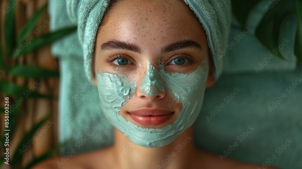 A serene woman with a fresh face mask and a wrapped towel enjoys a rejuvenating spa session, surrounded by green plants, exuding calm and relaxation. A serene woman with a fresh face mask and a wrapped towel enjoys a rejuvenating spa session, surrounded by green plants, exuding calm and relaxation.