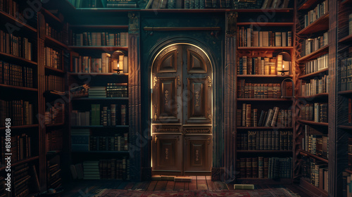 Secret door in the bookcase. Mysterious library with candle lighting. With vintage stuff