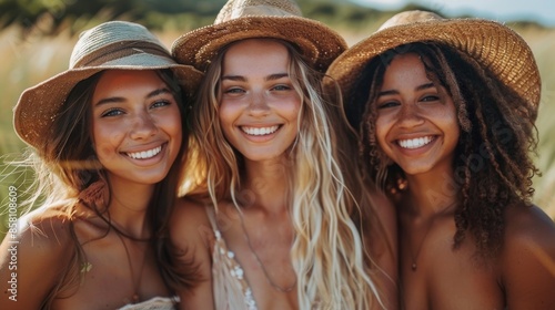 Three cheerful friends wearing straw hats smile together in a sunny field, showcasing camaraderie and happiness on a summer day. © svastix