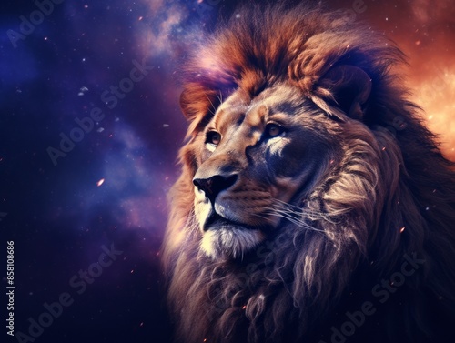 Leo zodiac sign, majestic lion against a cosmic background with stars and galaxies.