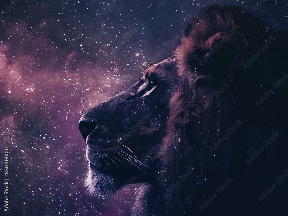 Naklejka premium Leo zodiac sign, lion's profile against a star-filled night sky.