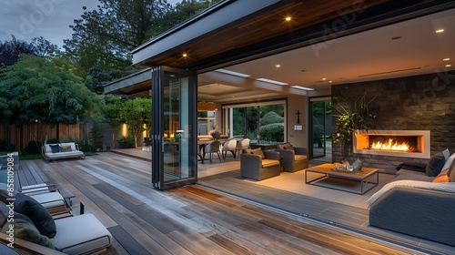 indoor-outdoor living area with bi-folding doors that open to a decked patio