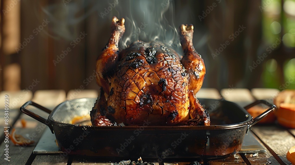 A burnt chicken on a roasting pan near beaf on wooden table very detailed and realistic shape