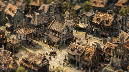 Medieval Model Town with a Church Tower