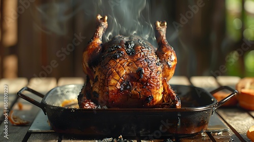 Obraz na płótnie A burnt chicken on a roasting pan near beaf on wooden table very detailed and realistic shape w salonie