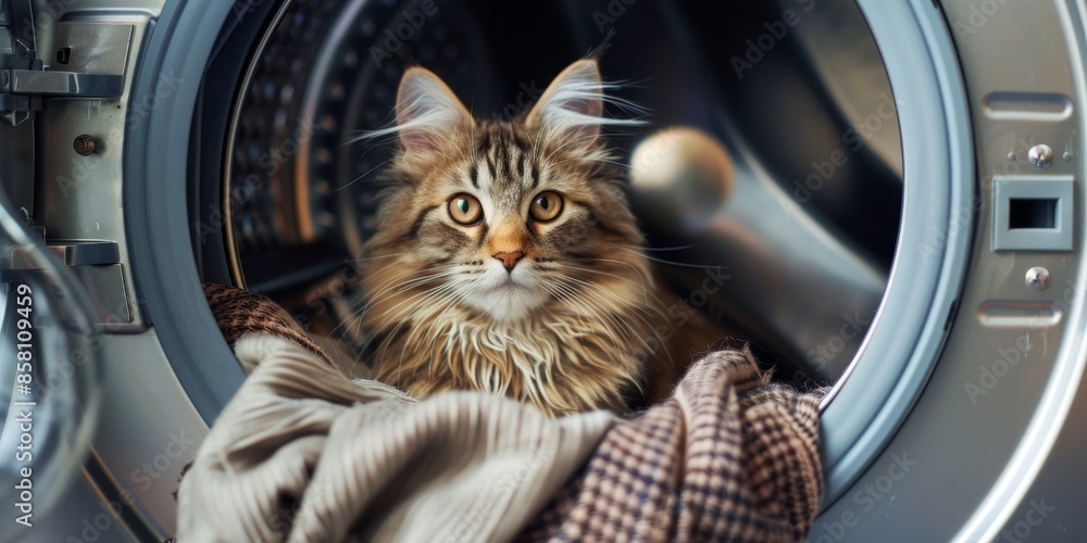 Satisfied fluffy cat resting in the washing machine Satisfied fluffy cat resting in the washing machine