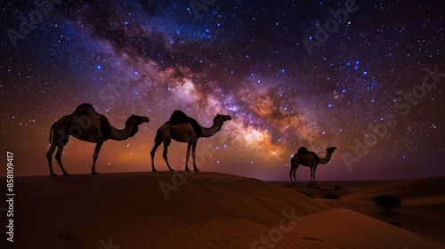 Photograph of a camel caravan in the desert with a starry night.