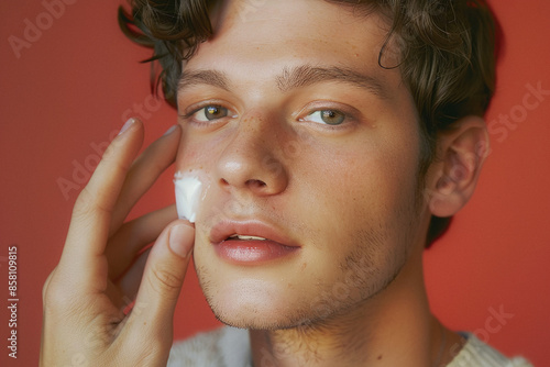 young caucasian metrosexual boy putting hydrating cream on face, skincare routine, red background