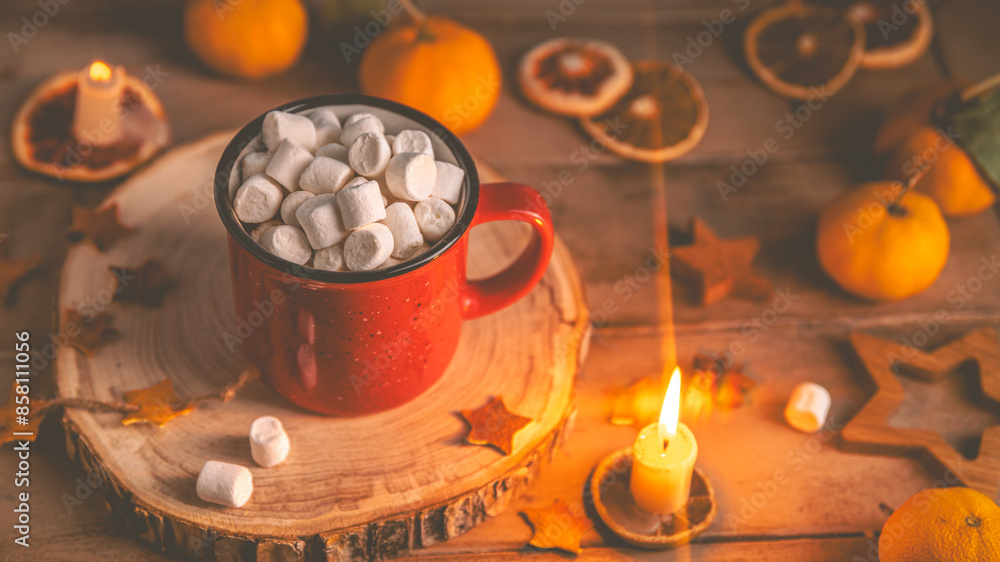 Cute cozy winter composition. red mug, marshmallows, oranges and Christmas lights. Cute cozy winter composition. red mug, marshmallows, oranges and Christmas lights.