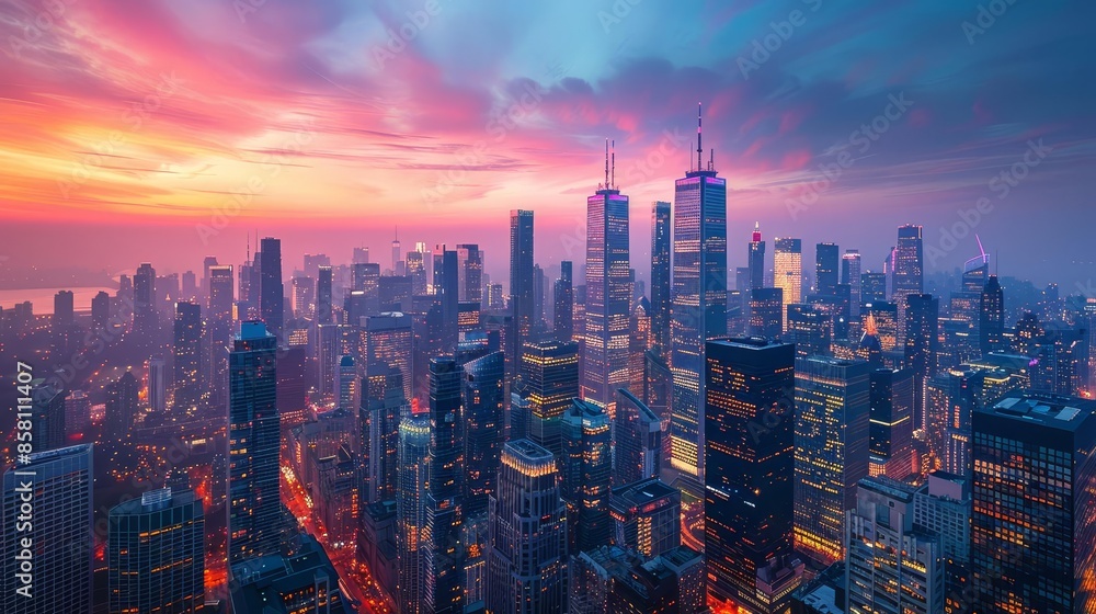 Urban skyline with towering skyscrapers and a bustling city below, captured at dusk Urban skyline with towering skyscrapers and a bustling city below, captured at dusk