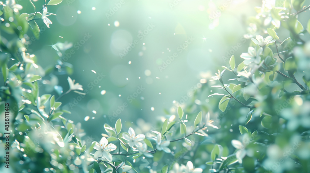 Spring flower banner positioned at the bottom with ample free space above, showcasing pastel colors such as blue, green, and white against a blurred background of lush greenery bathed in sunshine