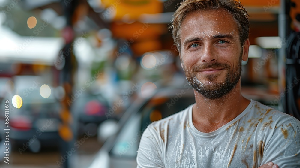 A bearded man in a wet white shirt stands outside, smiling and clearly enjoying the freshness after a rain, with blurred outdoor elements in the background. A bearded man in a wet white shirt stands outside, smiling and clearly enjoying the freshness after a rain, with blurred outdoor elements in the background.