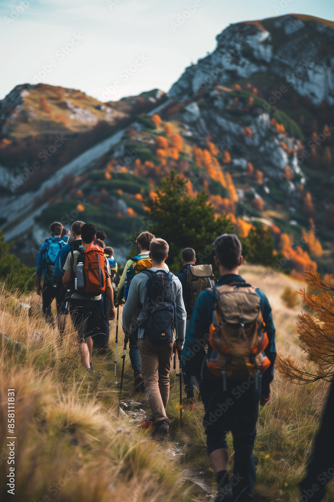 Obraz premium travel hike group of people walk with backpack around the mountain