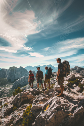 travel hike group of people walk with backpack around the mountain photo