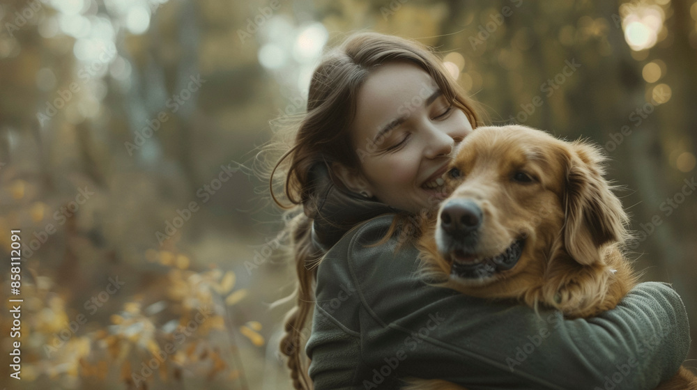 Lovely Young Lady with Long Brown Hair Cuddling Golden Retriever in Autumn Setting Lovely Young Lady with Long Brown Hair Cuddling Golden Retriever in Autumn Setting